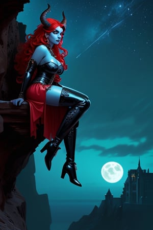full body shot side view, a stunning beautiful young queen of gargoyles, detailed gargoyle wings, big horns, thick voluminous long curly vivid red hair, red glowing eyes, normal breasts, sitting on the ledge of a very tall cliff on a deserted island above the stormy seas below. she is looking at the vast deserted ocean guarding the castle. she is wearing an elaborate leather outfit with buckles, straps and metal chains. she has combat boots on her feet. it's midnight, the sky is dark there is a glowing full moon in the sky and stars. 
,Detailedface,blue skin,color paint,AGGA_ST046