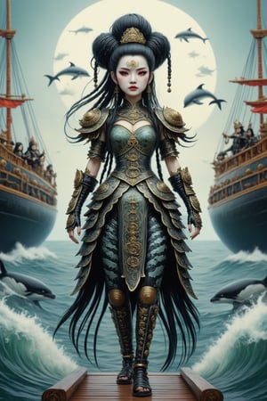 full body shot long shot of Lady Triệu, a vietnamese woman warrior. a fusion of elaborate rococo, ancient vietnam, vietnamese gothic punk. she has black hair in elaborate braids and buns. she has round large big copper eyes. she is vietnamese. she wears an elaborate ancient vietnamese female warrior outfit. she stands on the deck of her ship watching an orca swimming in the ocean. perfect female anatomy, goth person, pastel goth, dal, Gaelic Pattern Style, full body shot, long shot, Triệu Thị Trinh