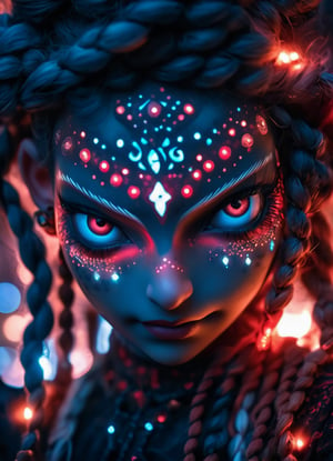 close up portrait (sacred night and elf puppet),(ultra-fine HDR), extremely delicate and beautiful girl with white traslucent opalescent skin, closed mouth, glowing intricate round human detailed eyes, glowing tattoos on face, glowing floating translucent orbs, vivid red hair in elaborrate braids and buns 