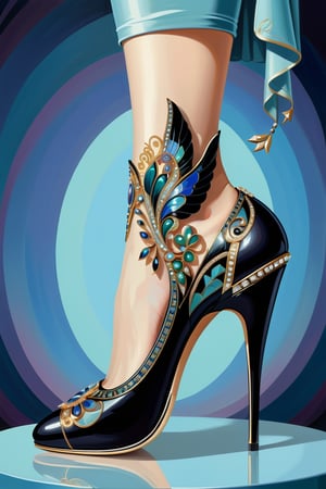 digital art, 8k, picture of a high heel woman's shoe, the shoe is inspired by Erté art deco 1920's, whimsical, side view of shoe beautiful, highly detailed, whimsical, fantasy, ,more detail XL