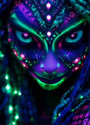 close up portrait (sacred night and elf puppet),(ultra-fine HDR), extremely delicate and beautiful girl with white traslucent opalescent skin, closed mouth, glowing intricate round human detailed eyes, glowing intricate tribal tattoos on face, vivid neon purple, pink, green, red hair