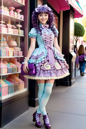 full body shot, beautiful happy young 17-year old girl model with vibrant purple extra long curly hair with elaborate top buns and bangs, hair clips and adornments in her hair. she has light blue eyes, perfect pale skin and cute smile on her face. the girl is wearing a high fashion elaborate sweet lolita outfit, cute stockings, frilly, elaborate embroidery, lace, bows, tassels, cute high heeled boots, and she has perfect manicured hands. she is holding a very cute designer lolita purse handbag. the detailed elaborate background behind the girl is an elaborate upper class cluttered style candy store inspired by willie wonka with many different types of candies and confections surrounding the girl including big colorful lolipops, cotton candy, chocolate fountain, marshmellows, bubble gums, multi colored hard candies in glass canisters, full body shot 