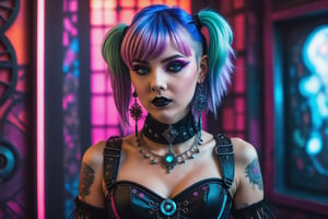 portrait of a beautiful young cyberpunk woman. dark gothic make-up, elaborate cyberpunk-inspired corset outfit, elaborate cyberpunk long earrings and necklace. vivid colorful pastel short layered hair with fringe and bangs. background of detailed elaborate cyberpunk-inspired wallpaper.