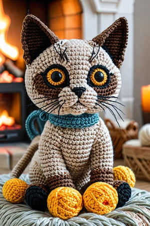 crocheted siamese cat toy cat yellow eyes, sitting in front of a fireplace on a puffy pillow. detailed textures, ultra sharp, crocheted