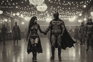 long shot, full body shot, a realistic, detailed, photograph, b&w black and white sepia photo, showing a roller skating rink. batman in his detailed batman costume as he holds hands with cat woman in her detailed sexy cat woman costume. the couple are smiling and roller skating fast. other superheroes are roller skating in the background. a mirrorball is glittering, the atmosphere is eerie and strange.