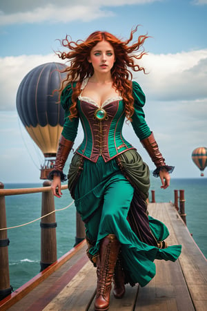 lwide view long shot. by john william waterhouse, pre-raphaelite, a beautiful steampunk woman walks on a wooden pier next to the ocean. she has curly long red hair blowing in the wind. she has emerald green eyes. she wears an elaborate steampunk victorian outfit. high in the sky is a steampunk hot air balloon and steampunk airship. john william waterhouse, pre-raphaelite, perfect female anatomy.