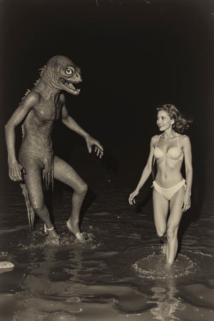 long shot, a realistic, detailed, photograph, b&w black and white sepia photo, Gill-man from the movie The Creature from the Black Lagoon is being chased by a woman in a 1950's bikini next to the black lagoon at night. the Gill-man is very scared of the woman. the atmosphere is eerie and strange.