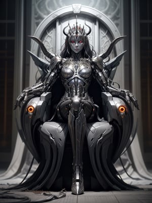 portrait of a cyborg android demon queen, pure evil, glowing red eyes, full body shot, very long talons on her hands, razor sharp mecha metal wings on fire and glowing, metal horns, fierce, detailed background of the queen sitting on a metal, gieger throne android throne room, a mecha lion sits next to her, full body,cyborg