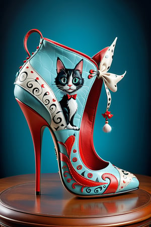 digital art, 8k, picture of a high heel woman's shoe, the shoe pattern and shape is inspired by cat in the hat by dr. seuss on it, whimsical, shoe made of leather, side view of shoe beautiful, highly detailed, whimsical, fantasy, ,more detail XL