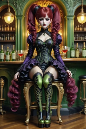 full body shot, side view a beautiful stunning cat woman with pierced cat ears, she sits on a wooden art nouveau-inspired stool next to a bar in a french absinthe parlor at night. bottles and glasses of green absinthe are on the table next to her. her beautiful outfit is a fusion of elaborate rococo, high fashion gothic outfit with brocade patterns, luxurious fabrics, rich colors of purple, gold, black. knee high boots. she has large, round cat eyes. very long curly vivid red hair in twin ponytails with fringe and bangs. perfect female anatomy, goth person, pastel goth, dal, Gaelic Pattern Style,