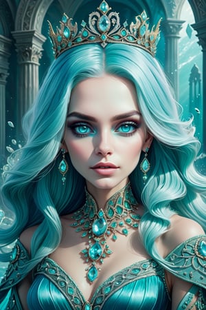 digital art, portrait of The Queen of aquamarine, 8k, aquamarine colored hair, aquamarine colored eyes, adorned in aquamarine, beautiful, highly detailed, whimsical, fantasy, 