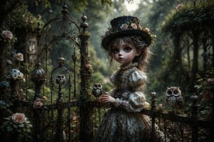 llong shot, side view, Create an image of a doll-like figure with large detailed eyes and pale porcelain face. In a magical realm where whimsy meets gothic charm, a playful girl with messy hair and a top hat stands near a fence, her fluffy owl companion by her side, embodying enchantment in a kaleidoscope of color. 