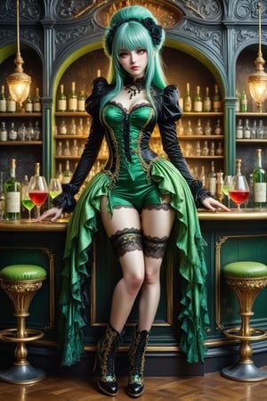 full body shot, side view a beautiful stunning french woman, standing to the right side of a bar in a french absinthe bar at night. (((on the bar counter are bottles and glasses of green absinthe))) (((her outfit is a fusion of elaborate rococo, luxurious fabrics in rich colors of gold, red, black))) knee high brocade lace up boots. she has large, round eyes. straight long vivid colorful hair with fringe and bangs. perfect female anatomy, goth person, pastel goth, dal, Gaelic Pattern Style,