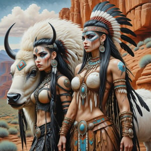 full body shot, long shot, side view a beautiful stunning native american indian woman 1girl,  and a handsome, fierce male indian warrior 1man. a small white buffalo behind the couple. their outfits are a fusion of elaborate native american rococo, high fashion gothic outfit in luxurious fabrics, rich colors. suede leather moccasins. she has large, round eyes. jet black hair in elaborate braids and buns with fringe and bangs. he has war paint on his face, intricate tribal tattoos, leather loincloth, his chest is bare. mohawk. background of cliff dwellings in the american southwest. goth person, pastel goth, dal, Gaelic Pattern Style, 