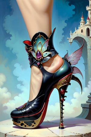 digital art, 8k, picture of a high heel woman's shoe, the shoe is inspired by the fantasy art of Gerald Brom, chunky heel, whimsical, side view of shoe beautiful, highly detailed, whimsical, fantasy, ,more detail XL