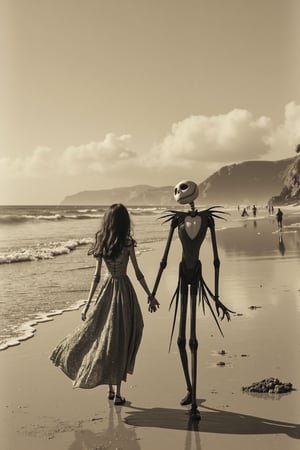 long shot, a realistic, detailed, photograph, b&w black and white sepia photo, showing a beautiful southern california deserted beach. the animated character Jack Skellington from nightmare before christmas and his girlfriend dorothy gale, are holding hands walking on the beach. the atmosphere is eerie and strange.