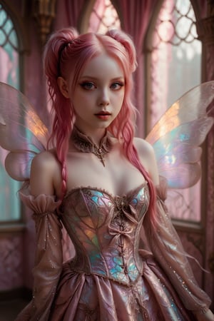 1girl,solo,full body shot of a fairy princess, gossamer opalescent large fairy wings on her back, in an irridescent glittery ballet style Lolita fashion gown, elaborate brocade patterned silk corset-style bodice. extremely long vivid pink hair in twin tails. Large expressive copper eyes, pale skin,  Opulent fairy castle backdrop with arched windows, silk curtains. Soft, dreamy lighting. Blend of kawaii, gothic, royal, and Arabian Nights aesthetics