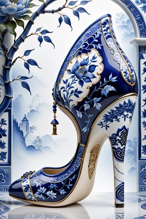 digital art, 8k, picture of a high heel woman's shoe, the woman's shoe is made out of china with a traditional intricate blue willow chinese pattern, whimsical, side view of shoe beautiful, highly detailed, whimsical, fantasy, ,more detail XL