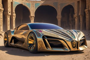 futuristic cyberpunk supercar, decorated with egyptian motifs, gold shiny metallic paint, multi colored jewelled intricate heiroglyphics and egyptian symbols etched on car in a symmetrical pattern, hood and doors of car, car parked on a deserted post apocalyptic abandoned city street in the full sun, exude a high-budget, epic atmosphere, with a sharp focus on the sleek, smooth lines of the car, which should be highly detailed and rendered in 4K HDR quality for stunning clarity and color depth. The mood is moody and gorgeous, with a deep depth of field to highlight the car