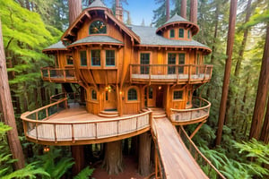 ((masterpiece)), (((best quality))), ((ultra-detailed)), beautiful elaborate exclusive well appointed treehouse deep in a redwood forest, rope bridges wind through the forest to the elaborate, spacious tree house. the tree hous is 3 stories high with a spiral staircase up toe the 2nd and 3rd floors. gorgeous art nouveau architecture, open floor plan, there is a large wooden deck around the perimeter of the tree house, with richly appointed furniture, shafts of light illuminate, beautiful blue sky,,aw0k euphoric style,aw0k euphoricred style, long shot from above looking down
