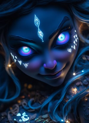 portrait (sacred night and elf puppet),(ultra-fine HDR), extremely delicate and beautiful girl with traslucent opalescent skin, closed mouth, glowing intricate round human detailed eyes, glowing tattoos on face, 