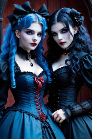 cowboy shot, vampire couple, two women lovers gothic, side by side, both are looking at each other passionately. one vampire woman has long curly blue hair, blue elaborate gothic lolita outfit and the other vampire woman has long curly black hair in a black elaborate lolita gothic outfit. they are embracing each other, horror, dark romantism, raw concept art, masterpiece illustration