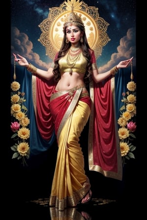 full body shot, Lakshmi is a Hindu goddess of prosperity and wealth, elaborate and intricate indian female costume in colors of red and gold, she is wearing elaborate gold necklaces earrings rings on her fingers and bangles on her arms, gold nose ring, serene beautiful face, Lakshmi is surrounded by lotus flowers, she is glowing, illuminated, a holy goddess, with an elaborate gold crown, detailed background of the heavens, clouds stars, ,Detailedface,1girl,Masterpiece,Saree, full body,realhands,Indian,1 girl,Indian Designer Dress,more detail XL