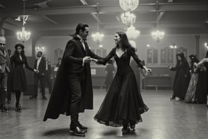 long shot, full body shot, a realistic, detailed, photograph, b&w black and white sepia photo, showing a roller skating rink. Dracula wearing his vampire costume, long vampire cape, slicked back black hair as he holds hands with Morticia Addams, she has very long black straight hair, dark gothic eye make-up, black lipstick wearing long black Morticia Addams dress, the couple are smiling and roller skating fast. other monsters like frankenstein, the mummy, catwoman, wednesday addams, are roller skating in the background. a mirrorball is glittering, the atmosphere is eerie and strange.