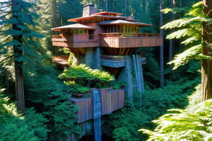 long shot ((masterpiece)), (((best quality))), ((ultra-detailed)), beautiful elaborate realistic ifrank lloyd wright  treehouse deep in a lush green redwood forest,  the tree house is spacious, gorgeous frank lloyd wright style architecture, rock slate foundation, there is a large wooden deck around the perimeter of the treehouse, shafts of light shine through the canopy, beautiful blue sky,,aw0k euphoric style,aw0k euphoricred style, long shot from above looking down

