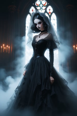 cowboy shot dynamic pose featuring a beautiful woman dressed in a long elaborate gothic gown, resembling a ghostly figure. She is wearing a veil and an elaborate gothic necklace, which adds to her eerie appearance. The woman's face is painted white, further enhancing the ghostly look. the detailed background is of a dark gothic mansion at night she is standing in fron of a large window. swirling mists behind her. the overall atmosphere of the image is mysterious and haunting. very high resolution, designed by Ilya kuvshinov, aw0k nsfwfactory, aw0k magnstyle, danknis, Anime,  IMGFIX
