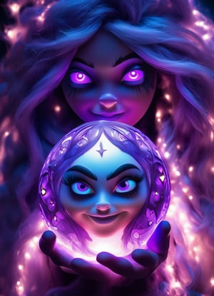 portrait (sacred night and elf puppet),(ultra-fine HDR),extremely delicate and beautiful girl, glowing intricate human detailed eyes, glowing tattoos on face, glowing translucent irradescent orb, big long purple hair