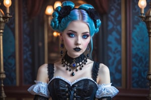 portrait of a beautiful gothic lolita woman. (blue eyes). dark gothic make-up, elaborate gothic lolita victorian corset, outfit, elaborate gothic long earrings and necklace. colorful hair in elaborate braids and buns, fringe, bangs, background of detailed elaborate art nouveau wallpaper