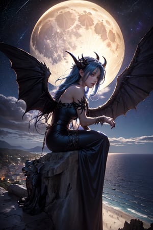 extreme long shot, side view, michael parkes style, a stunning beautiful young queen of gargoyles with gargoyle wings, horns, thick voluminous long blue hair  sitting on the ledge of a very tall castle next to a cliff above the ocean below on a rocky deserted coastline. she is wearing an elaborate long black gown. its night time with a full moon. dark blue black sky & stars are in the sky. gargoyles flying in the night sky.  michael parkes, zoom out.,1girl,Masterpiece,SD 1.5,realistic,fashion_girl,more detail XL,extremely detailed,zavy-hrglw