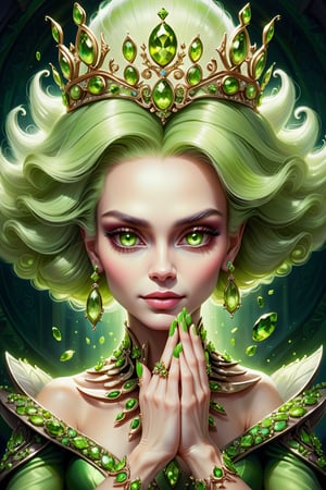 digital art, portrait of The Queen of peridot, 8k, peridot hair, peridot eyes, beautiful, highly detailed, whimsical, fantasy, perfect hands, five fingers on each hand, manicured nails, 