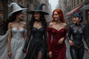 a beautiful young female witch with long curly black hair, pointy witch cap, witch outfit, beautiful young ghostly woman with white hair, the whitest pale skin, white dress, beautiful female vampire with vivid big long red hair, big red lips wearing a red victorian inspired velvet corsett dress, and beautiful cat woman, with cat ears and short blunt cut blue hair with bangs wearing a skin tight dark blue leather body suit are walking together down a street during halloween smiling, laughing and talking with each other. perfect anatomy, perfect hands, perfect faces.