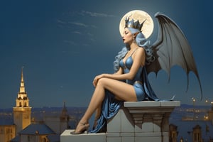 side view. extreme long shot,  michael parkes style, a beautiful young queen of gargoyles with grey skin, gargoyle wings, horns, long grey-blue hair and a crown is sitting on top of a very tall building. her eyes are open and she has a serene expression. its night time with a full moon. small gargoyles are flying near the queen. dark sky & stars are in the sky.  michael parkes, artist study hands. ,1girl,Masterpiece,SD 1.5,realistic