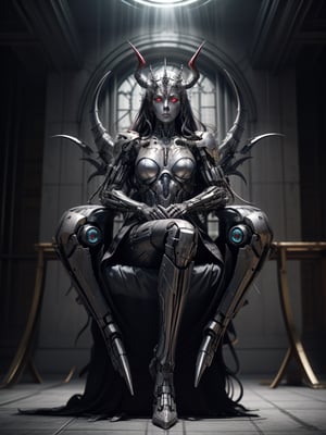 portrait of a cyborg android demon queen, pure evil, glowing red eyes, full body shot, very long talons on her hands, razor sharp mecha metal wings on fire and glowing, metal horns, fierce, detailed background of the queen sitting on a metal, gieger throne android throne room, dark red blood on the floor and raining from above on to the queen, full body,cyborg