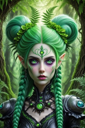 middle shot, cinematic, dynamic, realistic portrait of a dark magical female elf. a fusion of elaborate rococo, futuristic gothic elven punk. she has long vivid green hair in elaborate braids and buns. vivid mesmerizing eyes. a detailed background of an ancient forest, lush, ferns, trees, flowers, mushrooms. perfect female anatomy, goth person, pastel goth, dal, Gaelic Pattern Style, middle shot, cinematic, dynamic