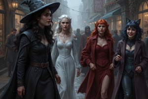 action shot, a beautiful young female witch with long curly black hair, pointy witch cap, cape, warm winter witch outfit fur trim, beautiful young ghostly woman with white hair, the whitest pale skin, warm winter white dress, coat fur trim, beautiful female vampire with vivid big long red hair, big red lips wearing a warm winter red victorian inspired velvet corset dress, red coat fur trim, and beautiful cat woman, with cat ears and short blunt cut blue hair with bangs wearing a warm winter skin tight dark blue leather bodysuit, long coat with fur trim, they are walking down a cobblestone street shopping, smiling and laughing with snow in a medieval beautiful magical town, snow flakes falling,  perfect anatomy, perfect hands, perfect faces.