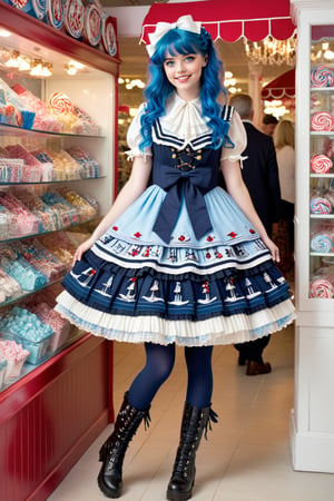 full body shot, beautiful happy young 17-year old girl model with vivid blue layered choppy voluminous straight hair and hair framing her face, she has light blue eyes, perfect pale skin and cute smile on her face. the girl is wearing a high fashion elaborate sexy Lolita Dress in a nautical pattern with navy blues, whites reds, platform boots, intricate sailor nautical fabric pattern and design, cute intricate stockings, frilly, elaborate embroidery, lace, bows, buttons, high heeled boots. the girl has perfect manicured hands. the girl walking in an elaborate detailed elaborate candy store filled by many different types of candies and confections like lolipops, cotton candy, chocolates, full body shot 