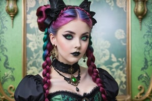 portrait of a beautiful gothic lolita woman. (green eyes). dark gothic make-up, elaborate gothic lolita victorian corset, outfit, elaborate gothic long earrings and necklace. colorful hair in elaborate braids and buns, fringe, bangs, background of detailed elaborate art nouveau wallpaper