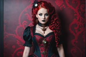 portrait of a beautiful young steampunk woman. dark gothic make-up, elaborate steampunk victorian brocade corset, outfit, elaborate steampunk long earrings and necklace. vivid red curly long hair, background of detailed elaborate steampunk-inspired wallpaper
