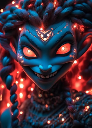 close up portrait (sacred night and elf puppet),(ultra-fine HDR), extremely delicate and beautiful girl with white traslucent opalescent skin, closed mouth sweet smile, glowing intricate round human detailed eyes, glowing tattoos on face, glowing floating translucent orbs, vivid red hair in elaborrate braids and buns 