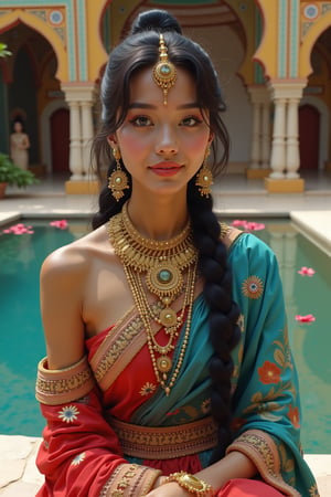 long shot, close up shot, realistic photgraphic image of young stunningly gorgeous and beautiful exotic asian indian woman in Ancient India. she sits on a bench next to a decorative pool with jasmine, rose petals on the water's surface. she has a sweet sensual closed mouth smile, stunning big light green realistic eyes, rich colorful make-up and eyeliner on her eyes, hair in elaborate braids and buns, she wears an ancient indian dress in silk, cotton and linen fabrics, colors of royal blue red and gold, which is richly and elaborately decorated, with embroidery and rich jewels, gold jewelry and ornaments, flat  sandals on her feet. her outfit and posture displays her wealth, behind her is the detailed realistic background of an Ancient Indian temple on the banks of a beautiful river, lush flora surrounds the temple with richly colored symmetrical Indian art, mythology and spiritual scenes decorating the walls, ancient hindu statues, small mosaic marble decorative pool with deep blue water blue, marble benches, palm, coconut, mango trees