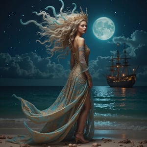 full body shot, long shot, side view, nighttime full moon, cinematic masterpiece, 8k, hdr, best quality, (highly detailed), photography, real life, extremely beautiful, ethereal, ocean witch standing on the beach, gorgeous face, beautiful smile, extremely long head to toe length big light blonde and blue streaked hair blowing in the breeze, irridescent, shiny, shimmery, colorful elaborate dress. blue green ocean water, bioluminescent algae glowing in the ocean waves, seashells, starfish, seaweed, scattered on the sand, a large glass pirate ship far in the distance on the ocean. perfect female anatomy, perfect hands, perfect fingers, manicured fingernails,