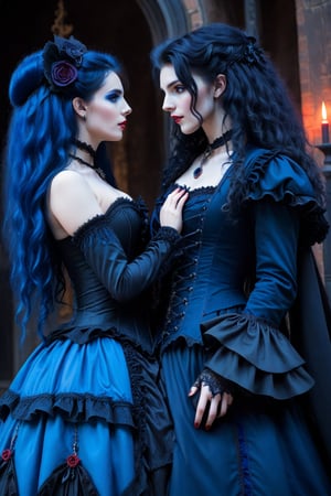 cowboy shot, vampire couple, two women lovers gothic, side by side, both are looking at each other passionately. one vampire woman has long curly blue hair, blue elaborate gothic lolita outfit and the other vampire woman has long curly black hair in a black elaborate lolita gothic outfit. they are embracing each other, horror, dark romantism, raw concept art, masterpiece illustration