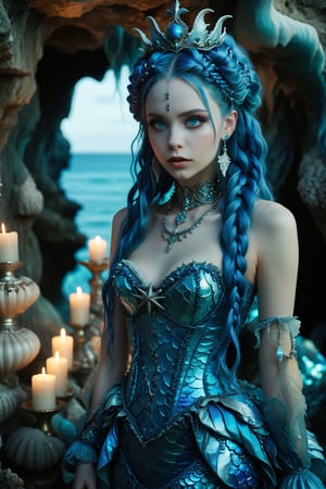 1girl,solo,full body shot of a mermaid princess, in elaborate mermaid style form fitting fashion. gown, crown made of shells, blue and silver colors, sleeveless elaborate rococo corset-style bodice. extremely long vivid blue hair in elaborate braids and buns. Large expressive blue eyes, light blue skin, Opulent sea cave dwelling backdrop with candles, sea trinkets, seahorses, starfish, Soft, dreamy lighting. Blend of kawaii, gothic, royal, and Arabian Nights aesthetics