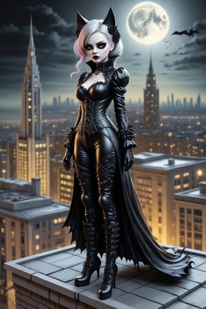 full body shot, action shot, a beautiful stunning cat woman, she stands on the edge of a roof of a high rise buliding at night, looking down at the city far below, side view, a fusion of elaborate gothic, punk rococo, gothic, lolita and punk. she has large, round cat eyes. she has elaborate gothic make-up, cat ears,  perfect female anatomy, goth person, pastel goth, dal, Gaelic Pattern Style,