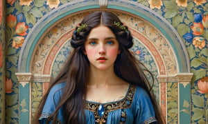 close up portrait, john william waterhouse, pre-raphaelite, a beautiful gothic woman stands in front of a wall covered in intricate william morris wallpaper. she has long big black hair  and blue eyes. she wears an elaborate pre-raphaelite gown. john william waterhouse, pre-raphaelite, perfect female anatomy.