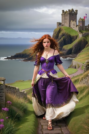 extreme long shot full body shot, by john william waterhouse, pre-raphaelite, a beautiful pre-raphaelite victorian, tall young woman walks in northern ireland. she has shoulder-length big curly red hair. she wears an elaborate victorian outfit in purple, black and white colors, long earrings, elaborate necklace, long skirt, flat sandals. detailed background of Dunluce Castle and coast. john william waterhouse, pre-raphaelite, perfect female anatomy.